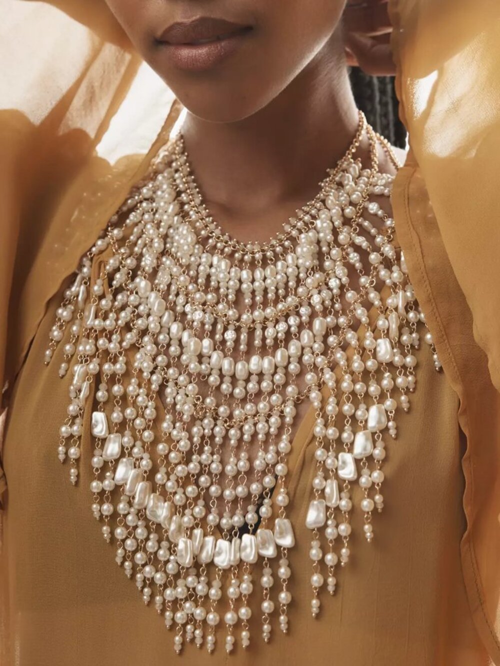 Anthropologie Gold-Plated Dangling Pearl Full Necklace